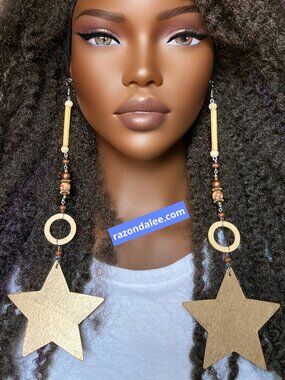 Elongated Dangle Earrings Wooden Stars Antique Gold Multi by Razonda Lee